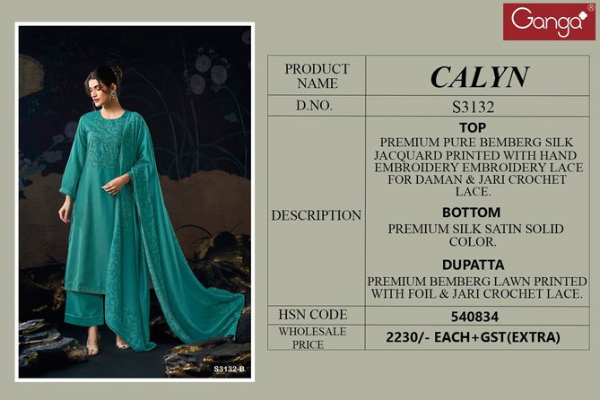 Calyn 3132 By Ganga Cotton Satin Printed Embroidery Dress Material Online Wholesale